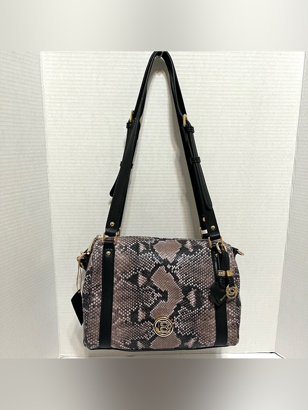 Bebe Snake-Print Satchel Handbag in Brown and Black Soft Textured